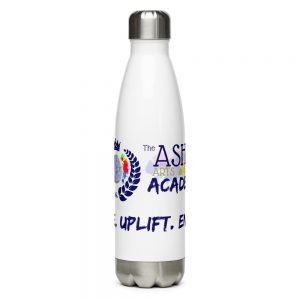 The Ashe Academy Water Bottle with The Ashe Academy logo and Inspire. Uplift. Enage. Tagline center veiwpoint The Ashe Academy Store
