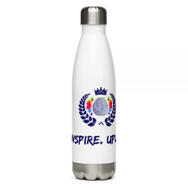 The Ashe Academy Water Bottle with The Ashe Academy logo and Inspire. Uplift. Enage. Tagline left side veiwpoint The Ashe Academy Store