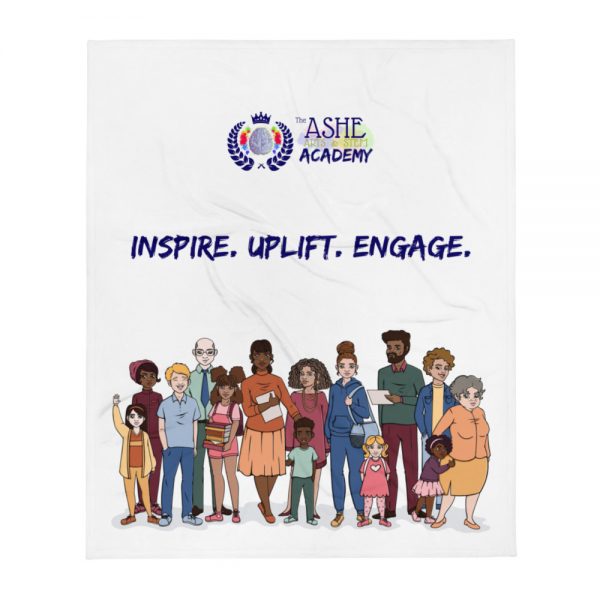 Inspire. Uplift. Engage. Throw Blanket with The Ashe Academy logo and Illustration of people The Ashe Academy Store