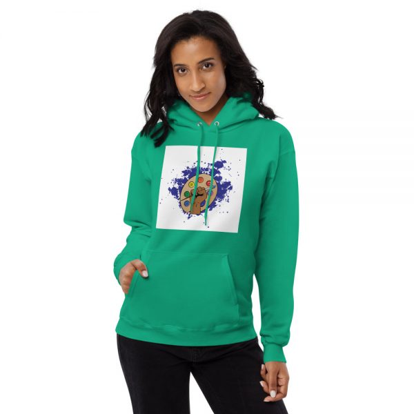 Woman wearing kelly green Spring Collection Harmony hoodie front view