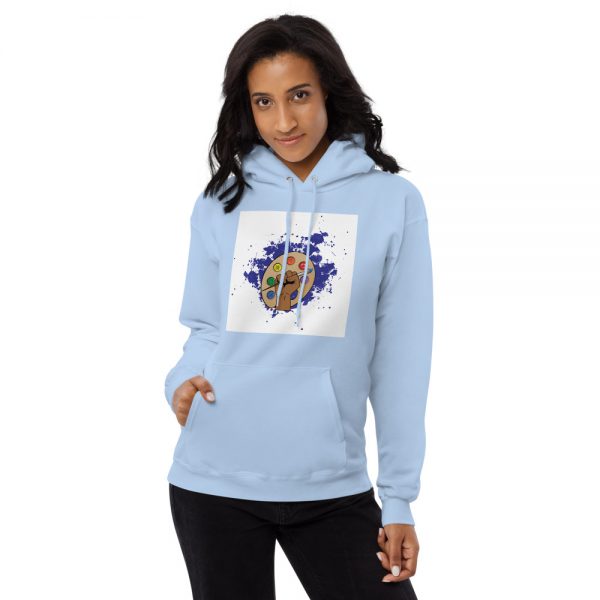Woman wearing light blue Spring Collection Harmony hoodie front view