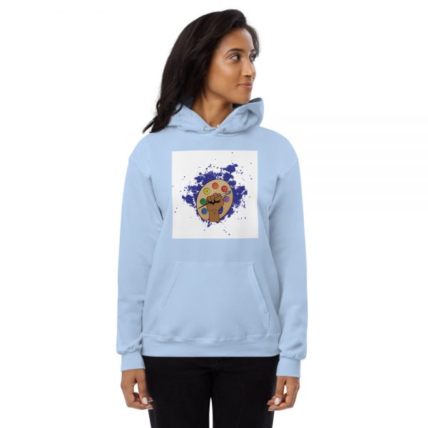 Woman wearing light blue Spring Collection Harmony hoodie profile