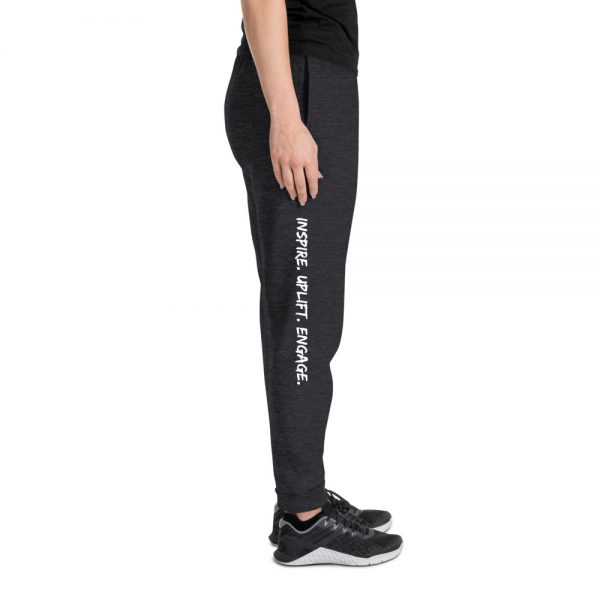 Woman wearing Black Heather Inspire. Uplift. Engage. Joggers right profile The Ashe Academy Store