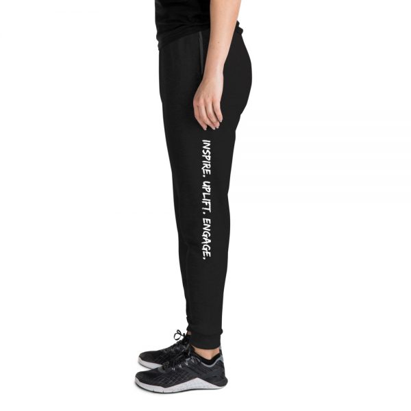 Woman wearing Black Inspire. Uplift. Engage. Joggers left profile The Ashe Academy Store