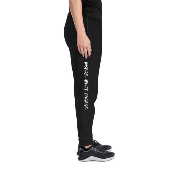 Woman wearing Black Inspire. Uplift. Engage. Joggers right profile The Ashe Academy Store