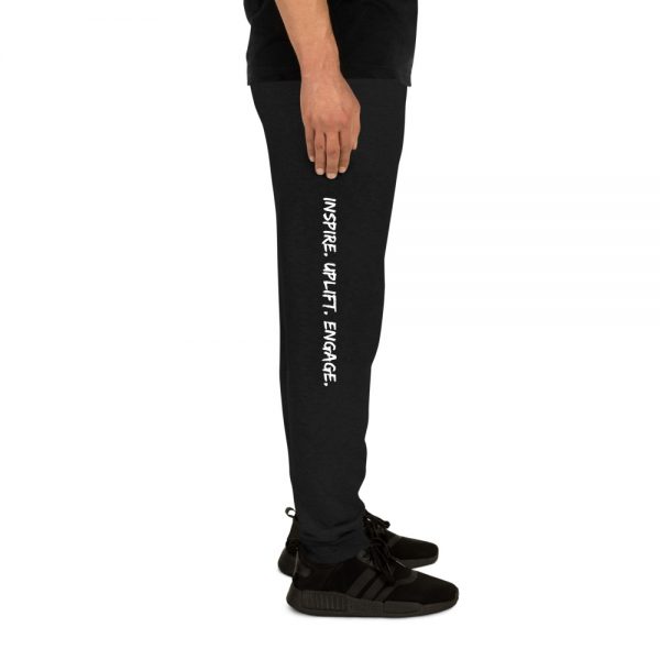Man wearing Black Inspire. Uplift. Engage. Joggers right profile The Ashe Academy Store