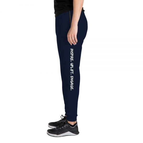 Woman wearing J. Navy Inspire. Uplift. Engage. Joggers left profile The Ashe Academy Store