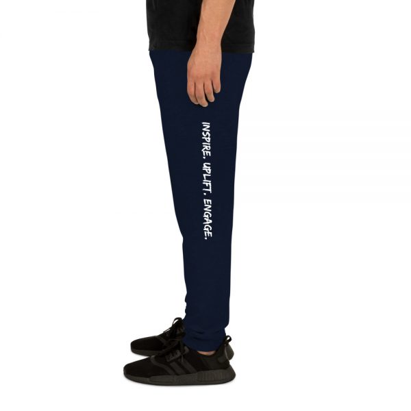 Man wearing J. Navy Inspire. Uplift. Engage. Joggers left profile The Ashe Academy Store