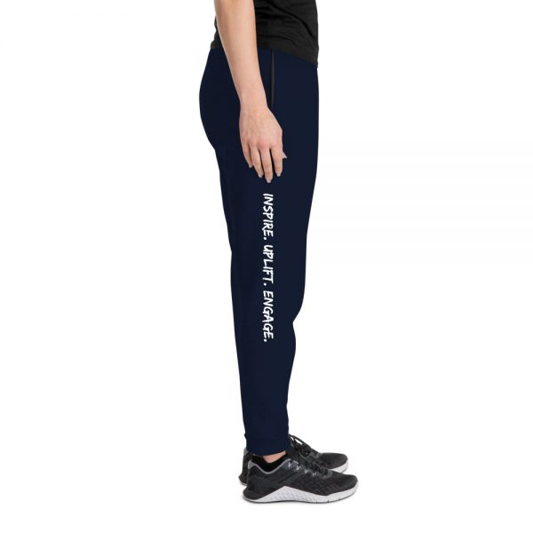 Woman wearing J. Navy Inspire. Uplift. Engage. Joggers right profile The Ashe Academy Store