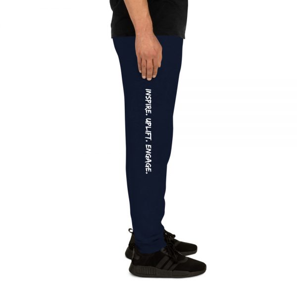 Man wearing J. Navy Inspire. Uplift. Engage. Joggers right profile The Ashe Academy Store