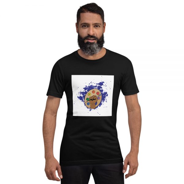 Man wearing Black short sleeved Spring Collection Arts & STEM Palette T-Shirt front view The Ashe Academy Store