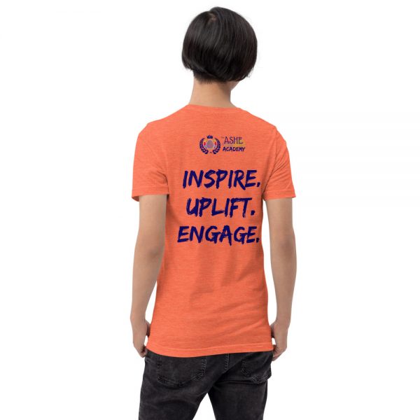 Man wearing Heather Orange short sleeved Spring Collection Arts & STEM Palette T-Shirt back view The Ashe Academy Store