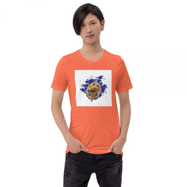 Man wearing Heather Orange short sleeved Spring Collection Arts & STEM Palette T-Shirt front view The Ashe Academy Store