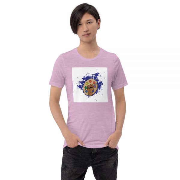 Man wearing Heather Prism Lilac short sleeved Spring Collection Arts & STEM Palette T-Shirt front view The Ashe Academy Store