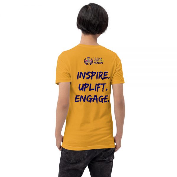 Man wearing Mustard short sleeved Spring Collection Arts & STEM Palette T-Shirt back view The Ashe Academy Store