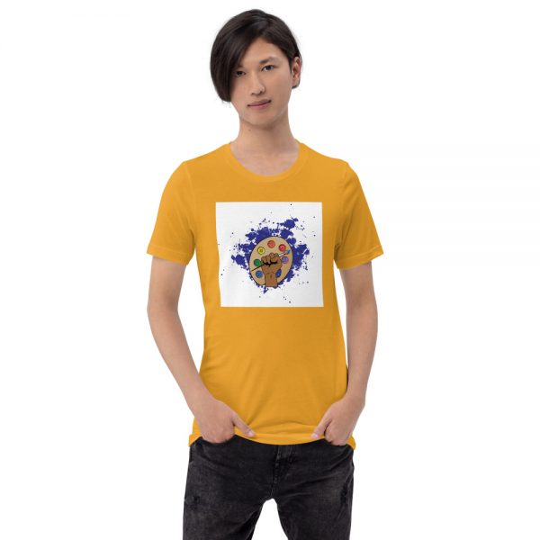 Man wearing Mustard short sleeved Spring Collection Arts & STEM Palette T-Shirt front view The Ashe Academy Store