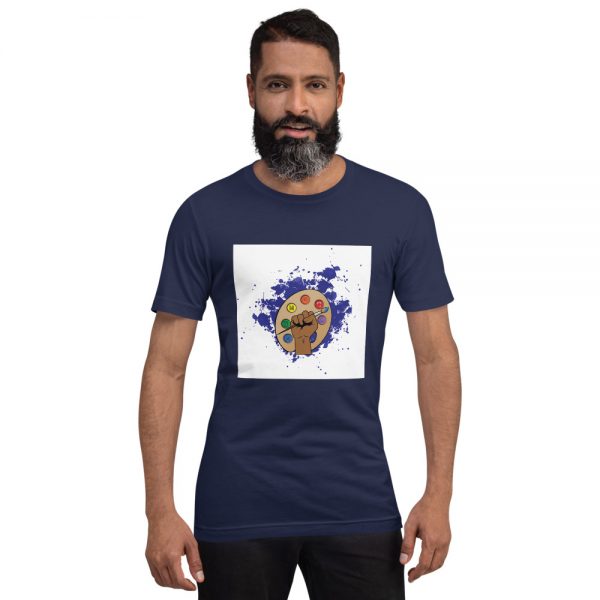 Man wearing Navy short sleeved Spring Collection Arts & STEM Palette T-Shirt front view The Ashe Academy Store