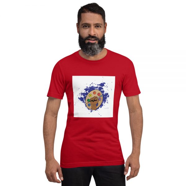 Man wearing Red short sleeved Spring Collection Arts & STEM Palette T-Shirt front view The Ashe Academy Store
