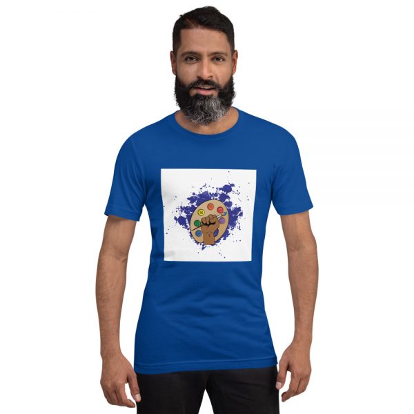 Man wearing True Royal short sleeved Spring Collection Arts & STEM Palette T-Shirt front view The Ashe Academy Store