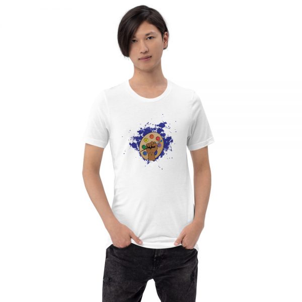 Man wearing White short sleeved Spring Collection Arts & STEM Palette T-Shirt front view The Ashe Academy Store
