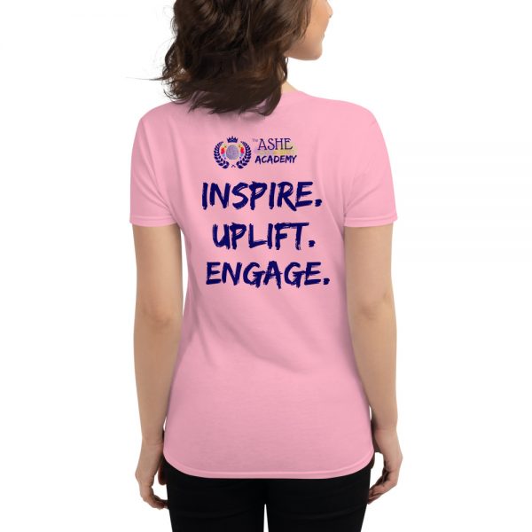 Woman wearing Charity Pink short sleeved Spring Collection Harmony T-Shirt back view The Ashe Academy Store