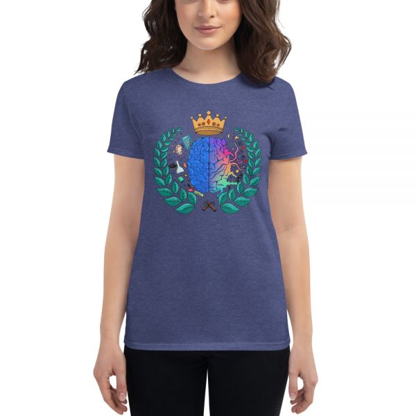 Woman wearing Heather Blue short sleeved Spring Collection Harmony T-Shirt front view The Ashe Academy Store