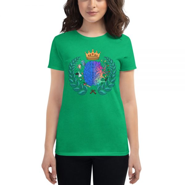 Woman wearing Heather Green short sleeved Spring Collection Harmony T-Shirt front view The Ashe Academy Store