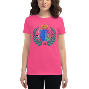 Woman wearing Heather Hot Pink short sleeved Spring Collection Harmony T-Shirt front view The Ashe Academy Store