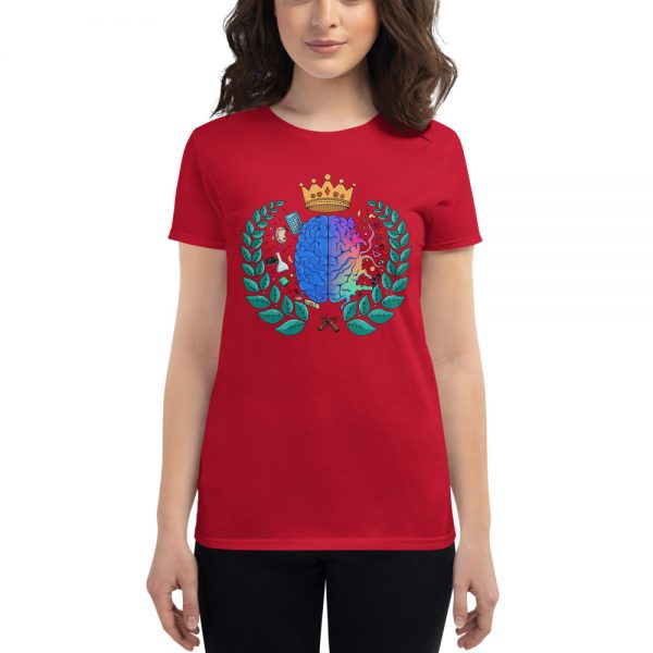 Woman wearing Red short sleeved Spring Collection Harmony T-Shirt front view The Ashe Academy Store