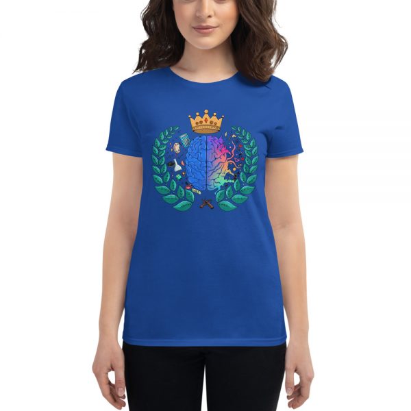 Woman wearing Royal Blue Grey Heather sleeved Spring Collection Harmony T-Shirt front view The Ashe Academy Store
