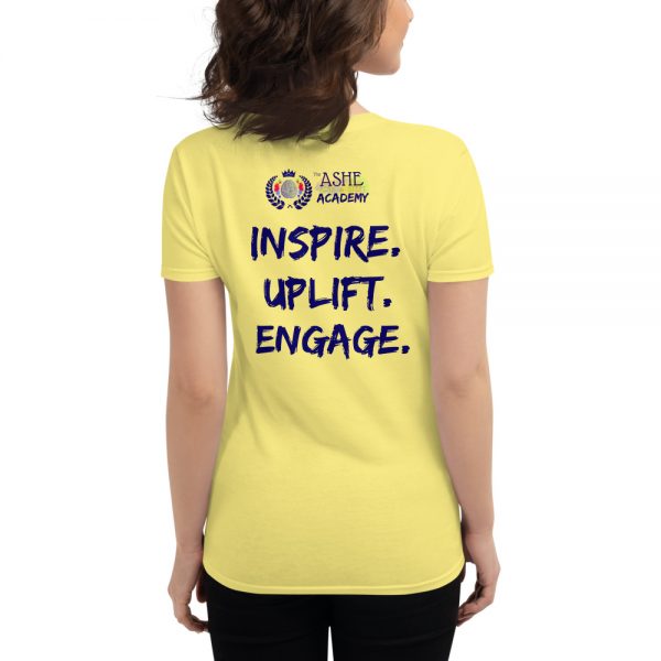 Woman wearing Spring Yellow short sleeved Spring Collection Harmony T-Shirt back view The Ashe Academy Store