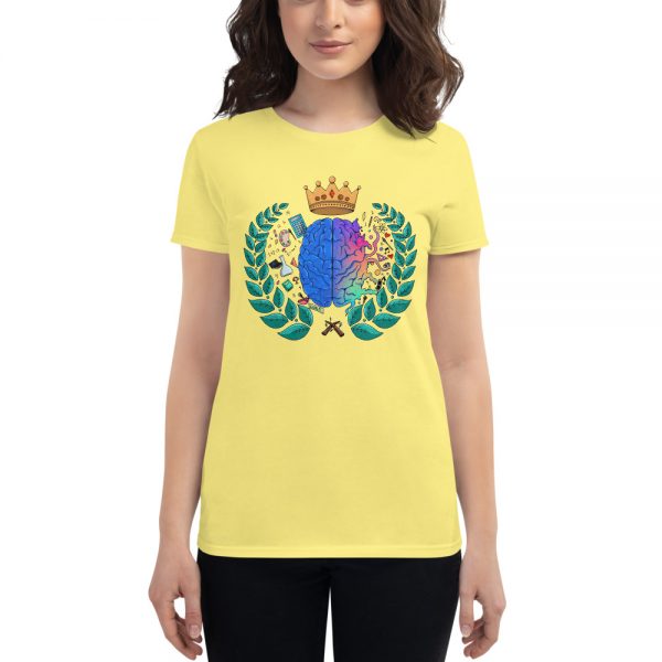 Woman wearing Spring Yellow short sleeved Spring Collection Harmony T-Shirt front view The Ashe Academy Store